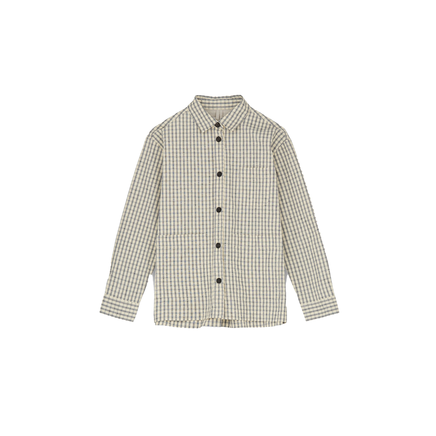 The Ashly Shirt Check by Aiayu boasts a classic long-sleeve beige and gray checkered design with handmade horn buttons, crafted from premium Chetna cotton, stylishly folded on a plain background.