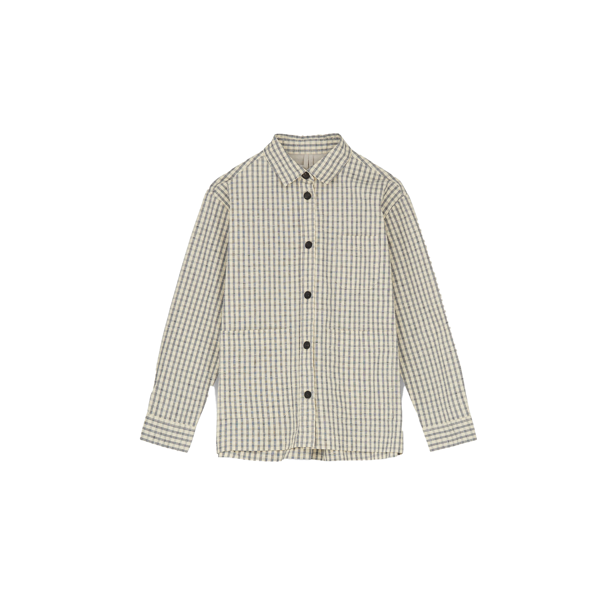 The Ashly Shirt Check by Aiayu boasts a classic long-sleeve beige and gray checkered design with handmade horn buttons, crafted from premium Chetna cotton, stylishly folded on a plain background.