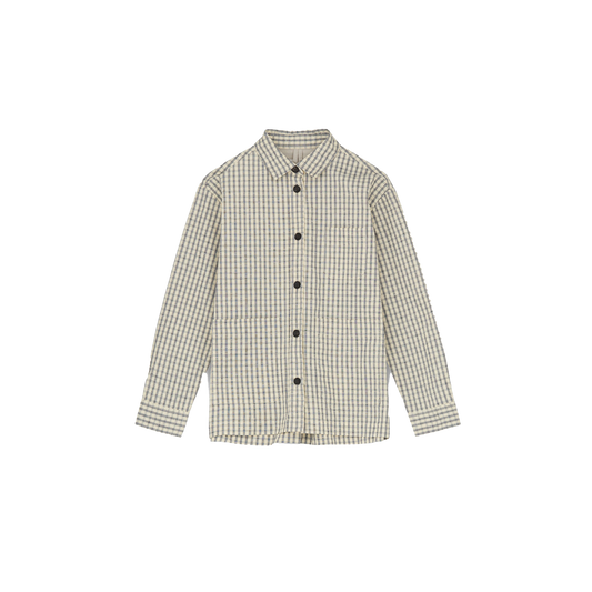 The Ashly Shirt Check by Aiayu boasts a classic long-sleeve beige and gray checkered design with handmade horn buttons, crafted from premium Chetna cotton, stylishly folded on a plain background.