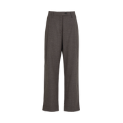 The Balder Fine Wool Pant by Aiayu is a pair of gray trousers crafted from luxurious wool, featuring a button and zip closure at the waist.