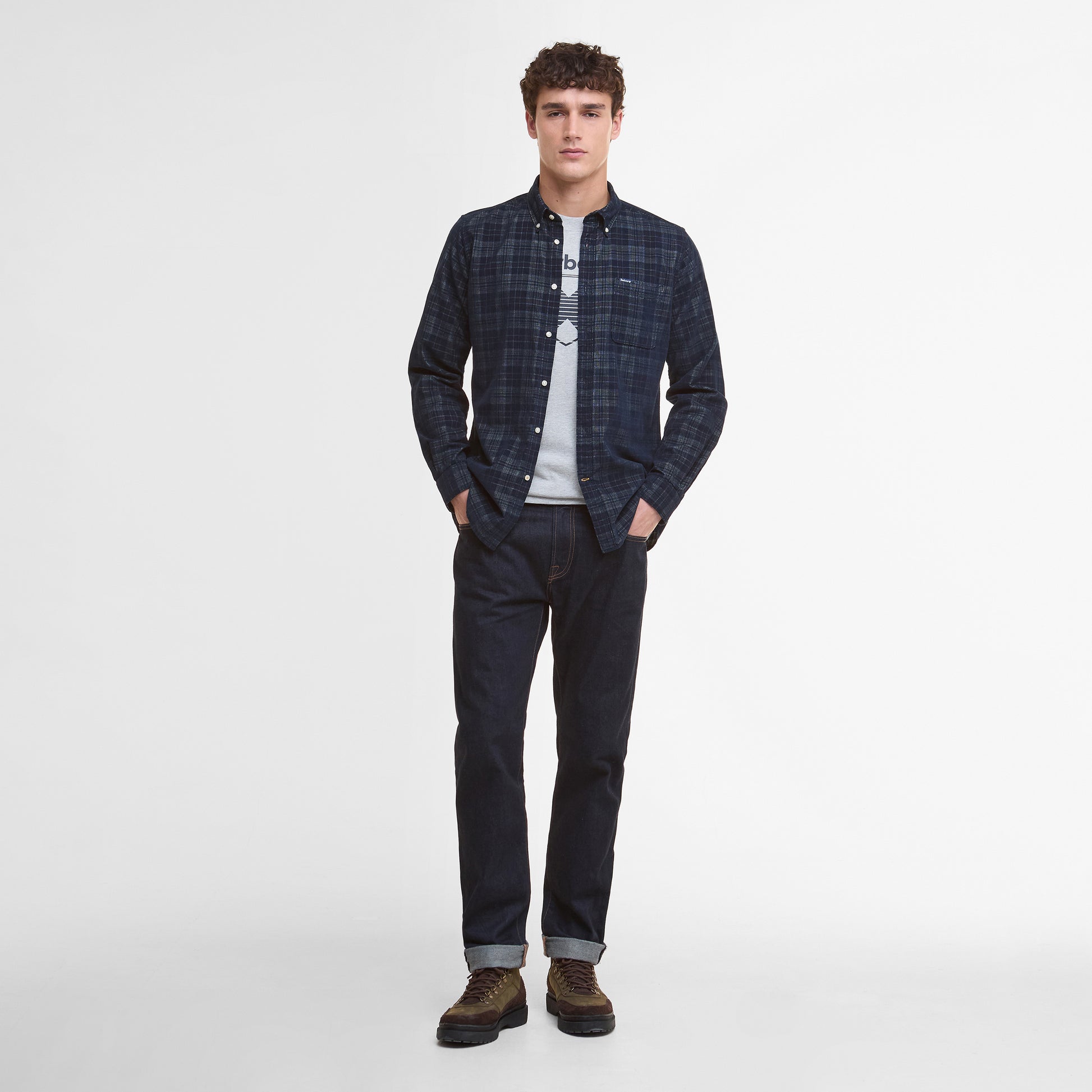 Barbour M LS Button Down Shirt Southfield Tailored Checked Cord Shirt - Navy