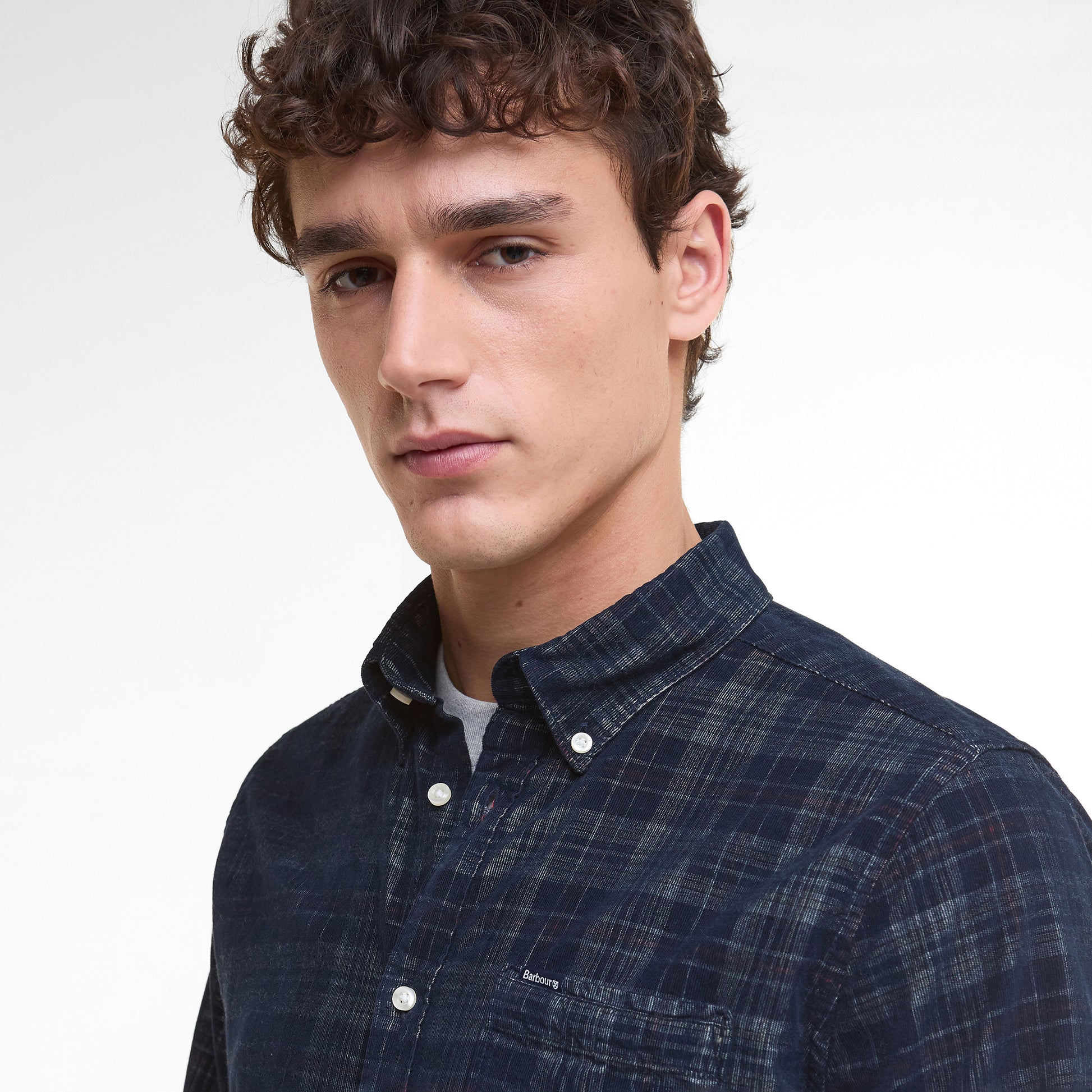 Barbour M LS Button Down Shirt Southfield Tailored Checked Cord Shirt - Navy