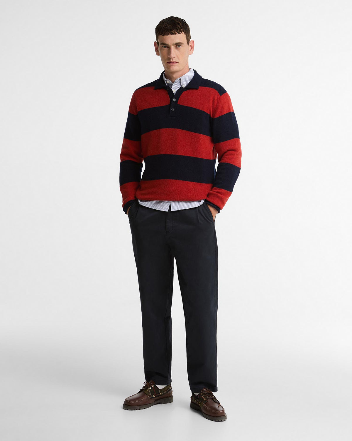 Barbour Sweaters Scottish Made Striped Knitted Polo - Navy