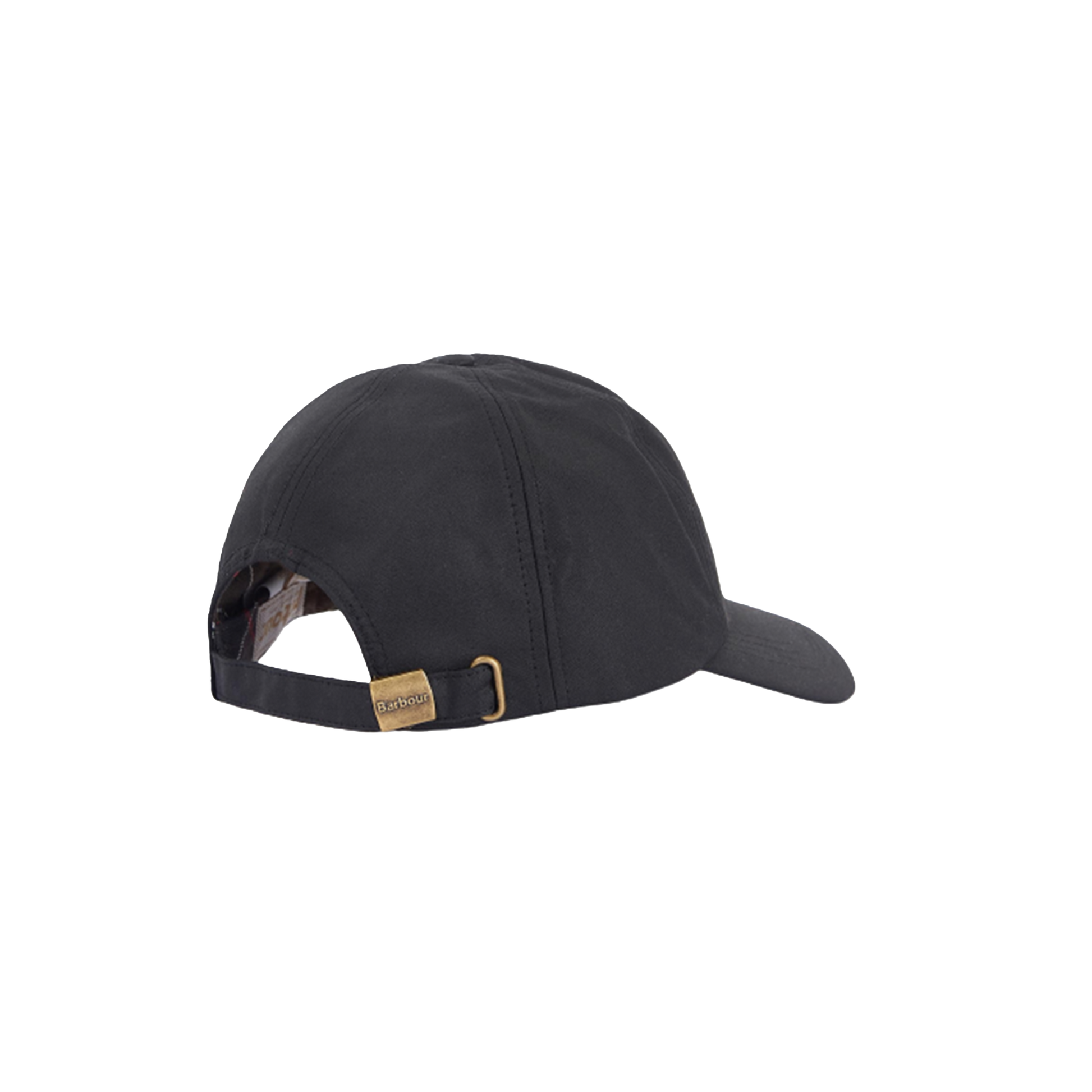 The Beslay Wax Sports Hat by Barbour is a black waxed cotton cap with a curved brim and an adjustable back strap, featuring Barbour detailing and a small metallic buckle.