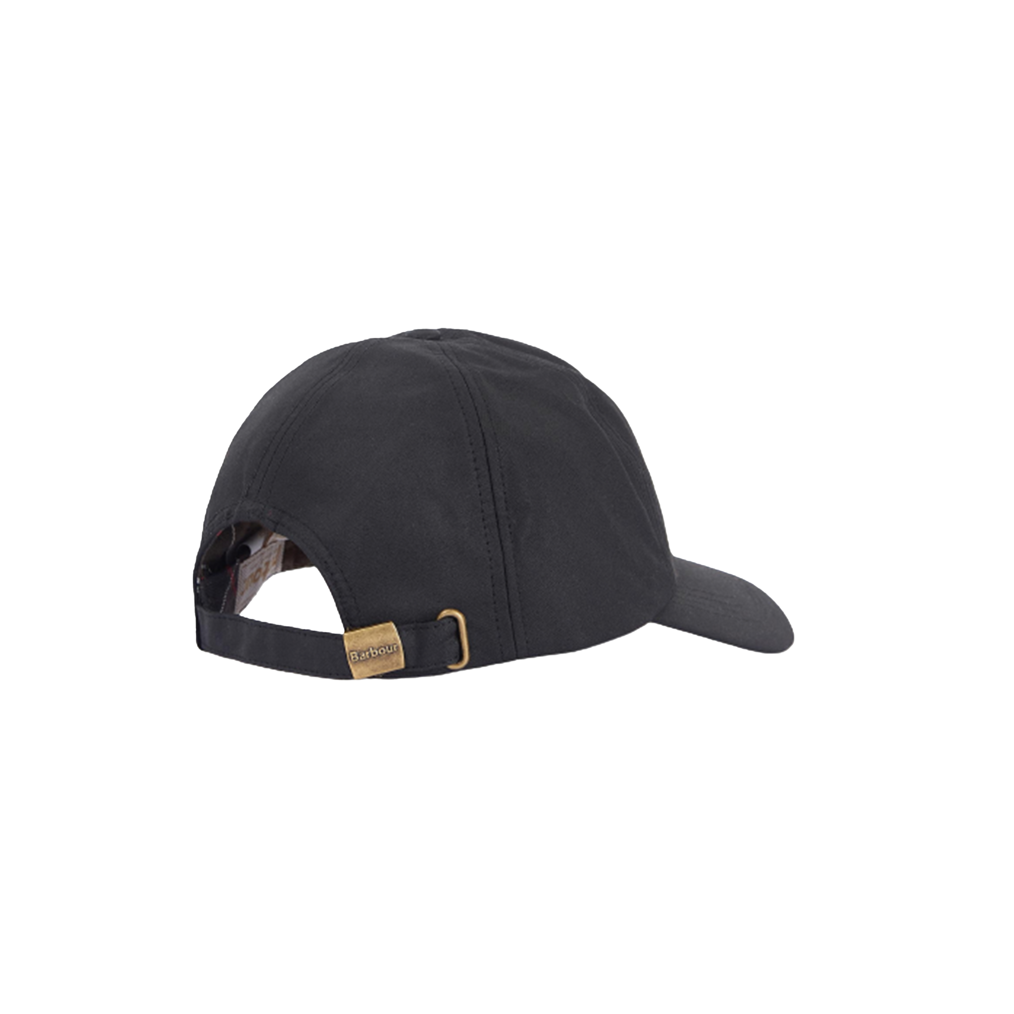 The Beslay Wax Sports Hat by Barbour is a black waxed cotton cap with a curved brim and an adjustable back strap, featuring Barbour detailing and a small metallic buckle.