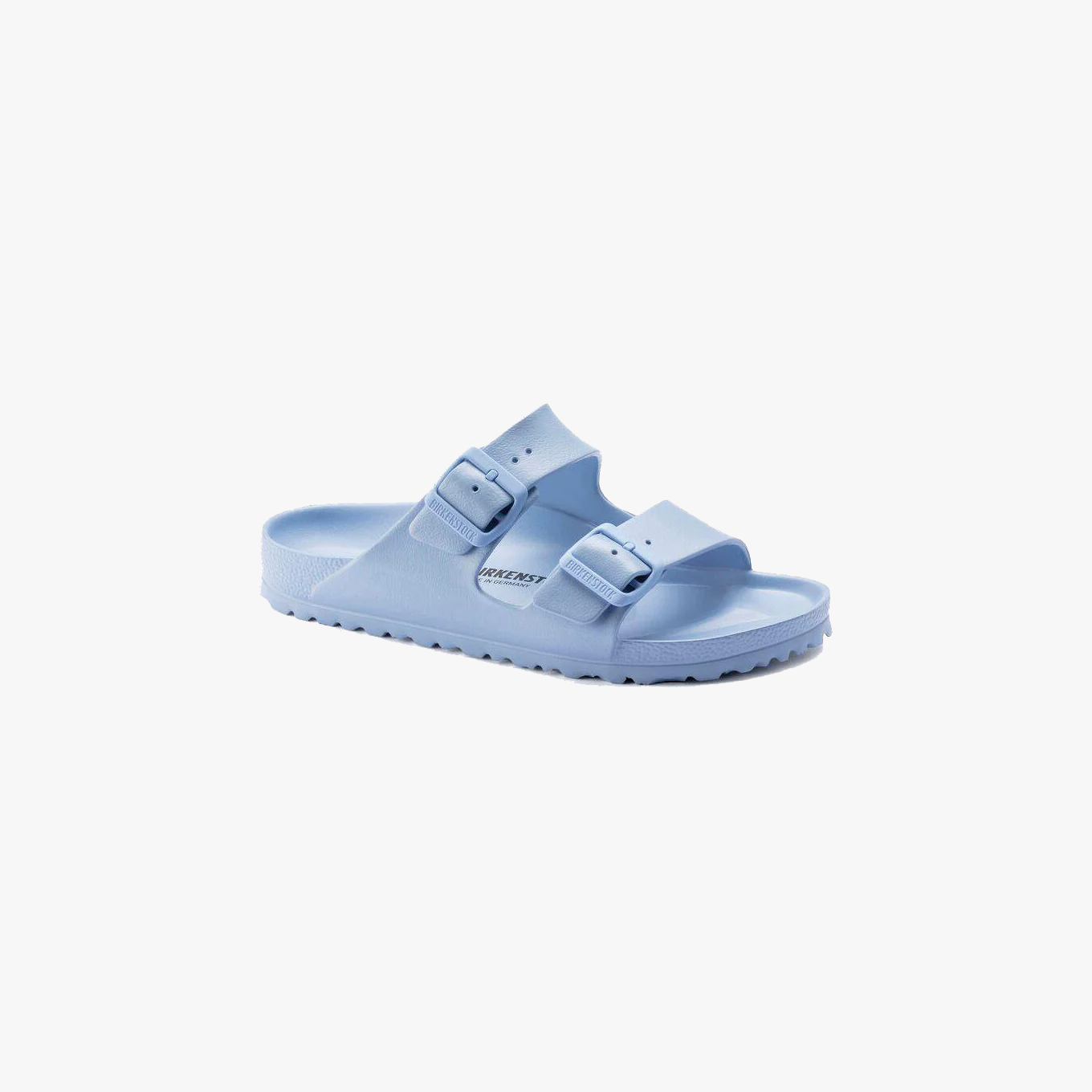 A single Birkenstock Arizona EVA Narrow sandal in Dusty Blue, featuring two adjustable straps and a flat textured sole, is displayed on a plain white background.