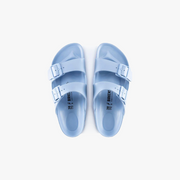 A pair of Birkenstock Arizona EVA Narrow sandals in Dusty Blue, featuring two adjustable straps and a slip-on design, displayed side by side on a white background. Water-friendly and ideal for casual comfort and versatile style.