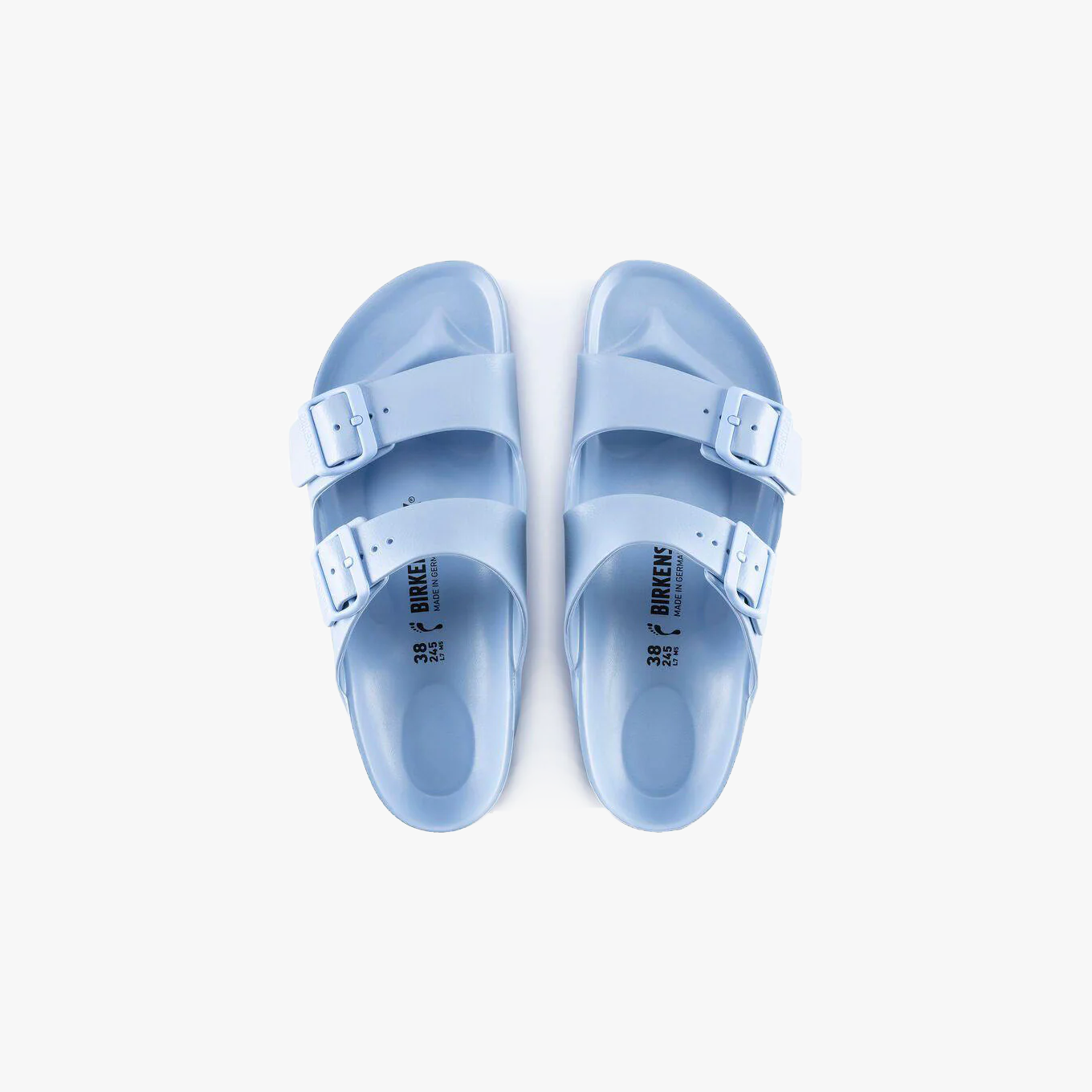 A pair of Birkenstock Arizona EVA Narrow sandals in Dusty Blue, featuring two adjustable straps and a slip-on design, displayed side by side on a white background. Water-friendly and ideal for casual comfort and versatile style.