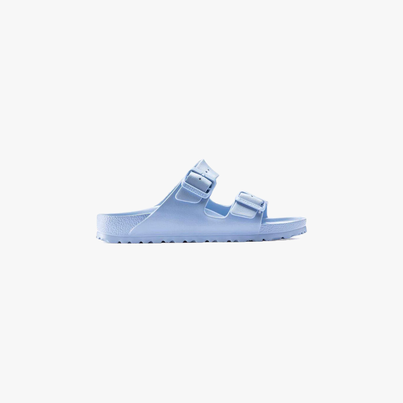 A single Birkenstock Arizona EVA Narrow sandal in Dusty Blue with two adjustable straps, displayed in profile on a plain white background.