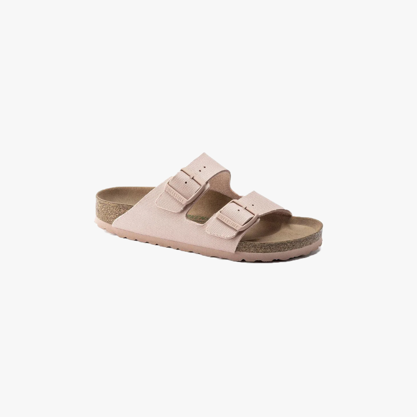 The Birkenstock Arizona Vegan in Canvas Soft Pink (W) is a unisex sandal featuring two adjustable buckle straps and a cork footbed—refer to the size chart for accurate Birkenstock sizing. Displayed on a white background.