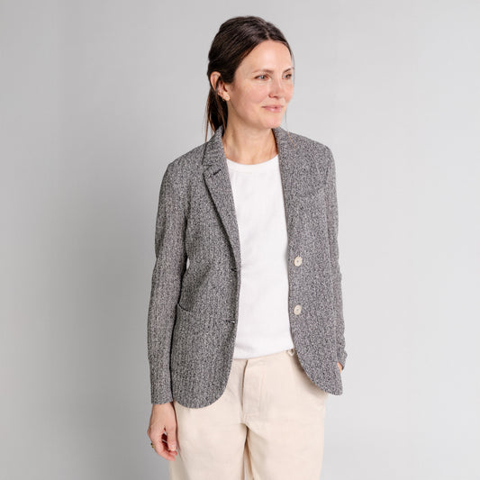 W Stand Up Collar Bicolor Blazer Frize, White & Black