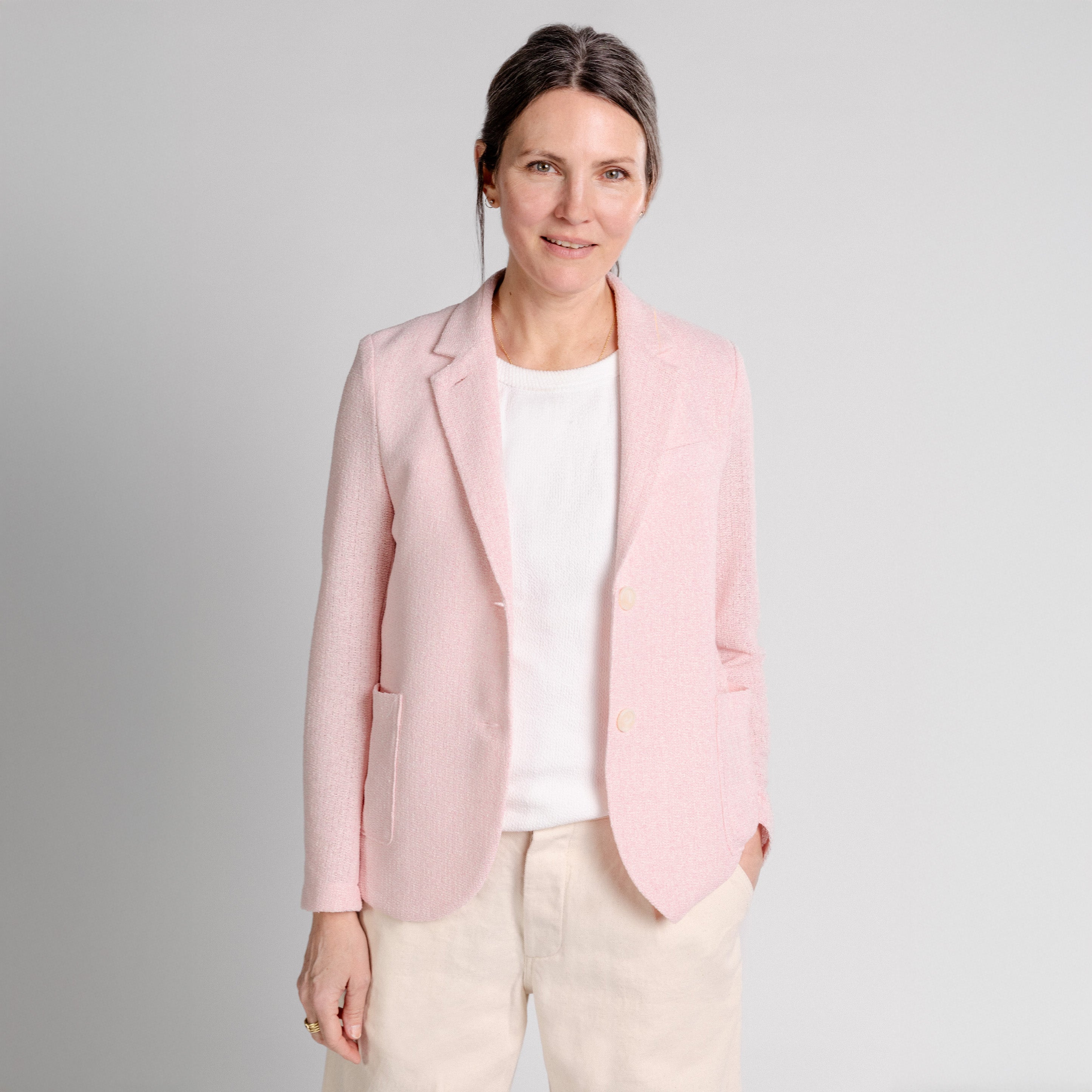W Stand Up Collar Bicolor Blazer Frize, Pink