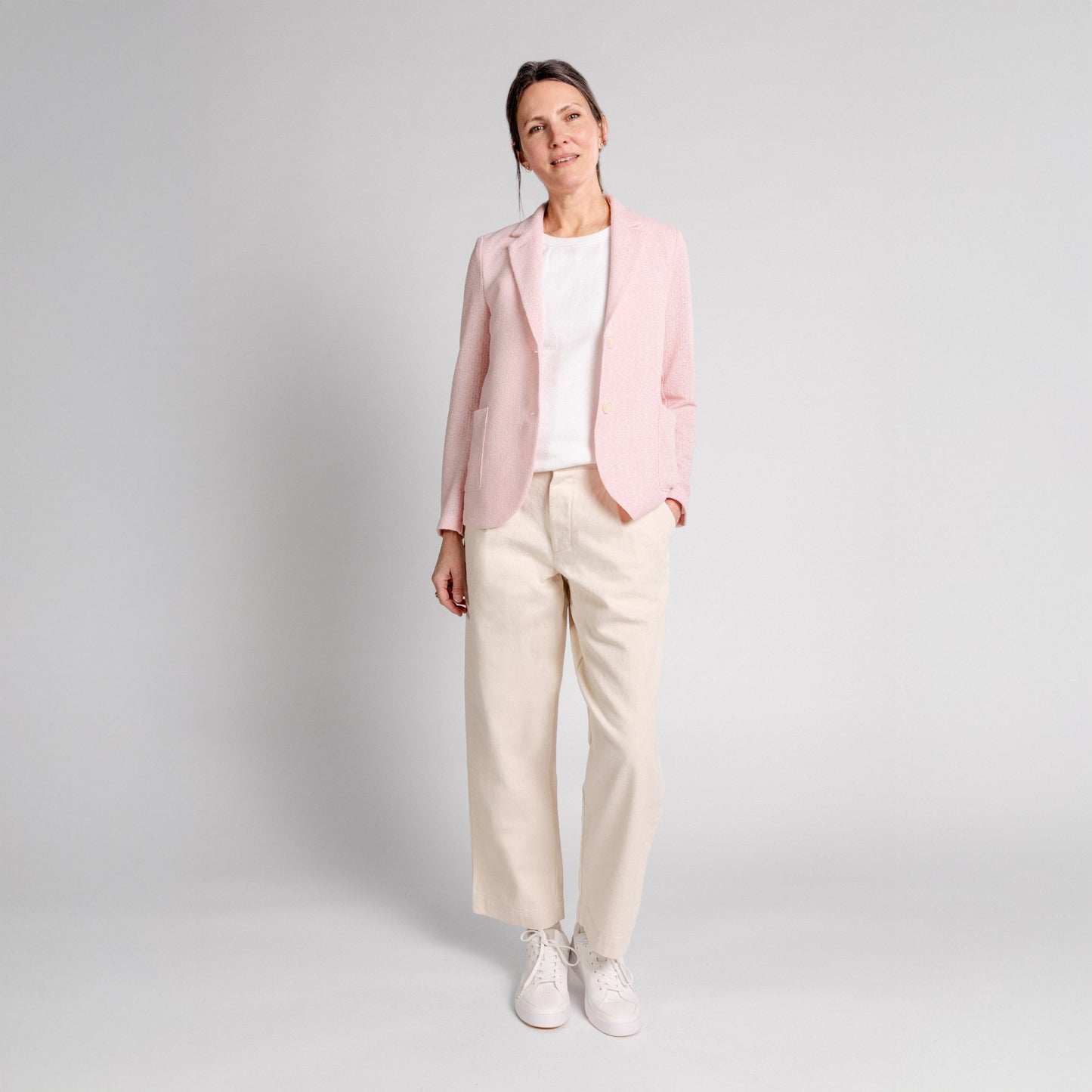 W Stand Up Collar Bicolor Blazer Frize, Pink