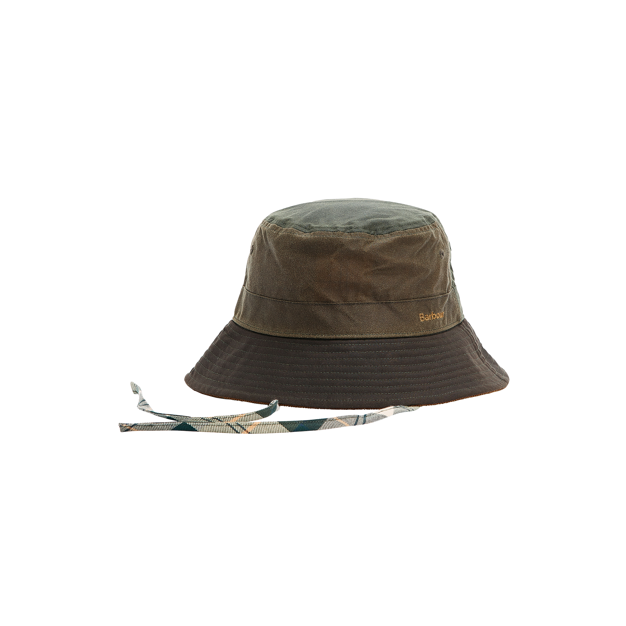 Introducing the Barbour Brackliey Waxed Bucket Hat: a two-toned, water-resistant accessory featuring dark green and brown colors, complete with a chin strap. This hat is ideal for versatile outdoor adventures.