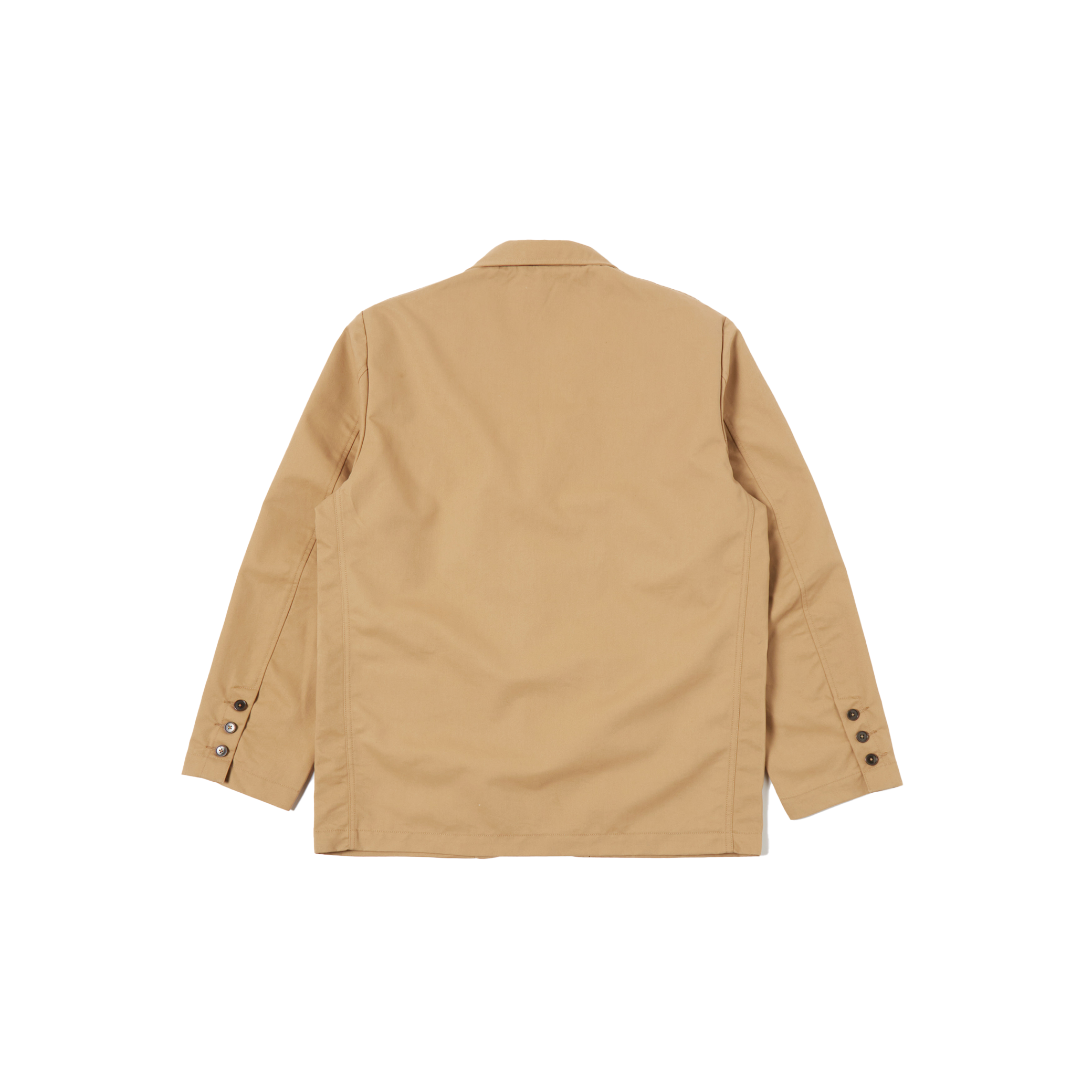 The Capitol Jacket by Universal Works is a loose-fitting beige design featuring buttoned cuffs and a notched lapel, made from recycled polyester. Shown from the back on a plain white background, this eco-friendly jacket combines style and sustainability.