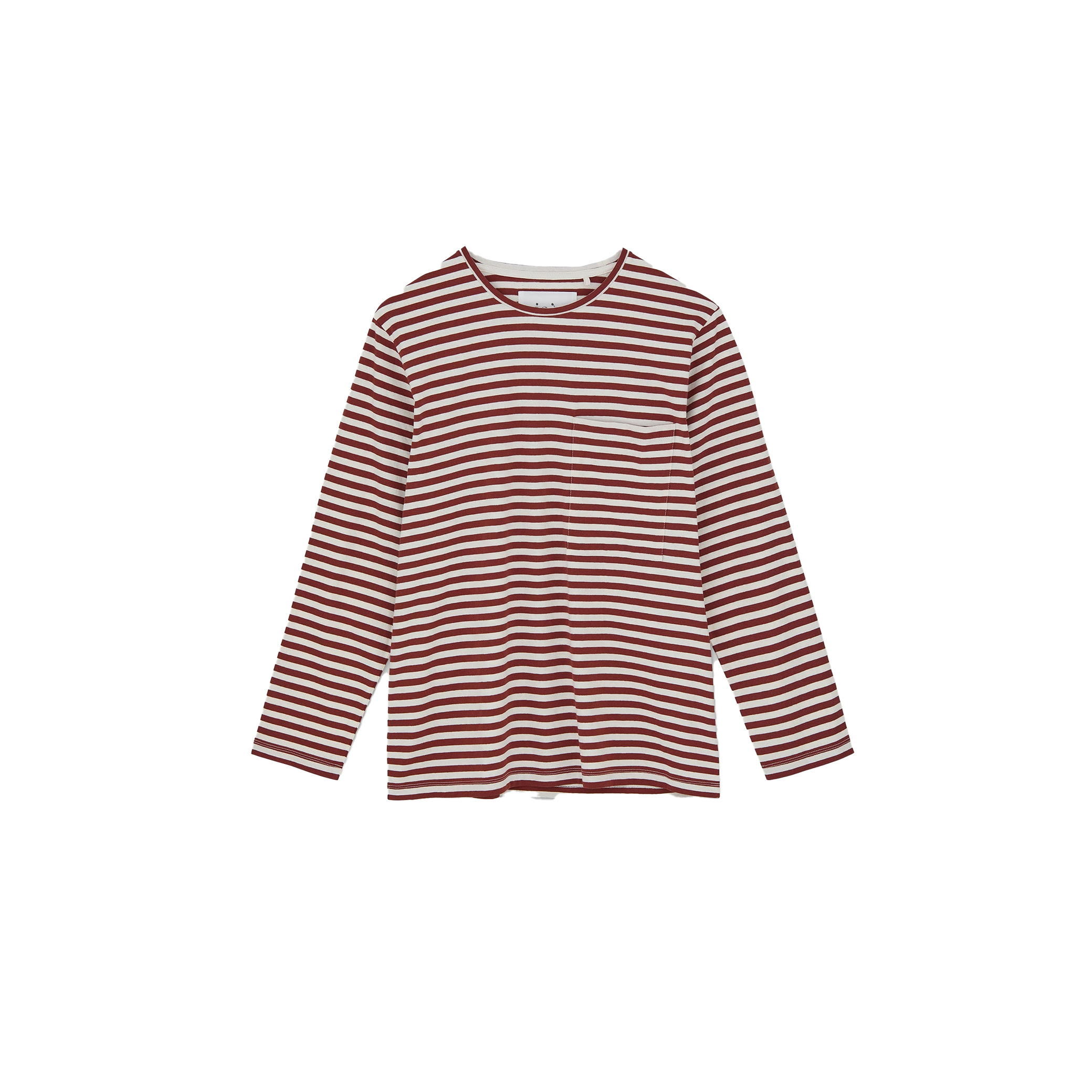 The Circular LS by Aiayu is a classic long sleeve tee made from recycled cotton, featuring red-and-white horizontal stripes on a plain background.