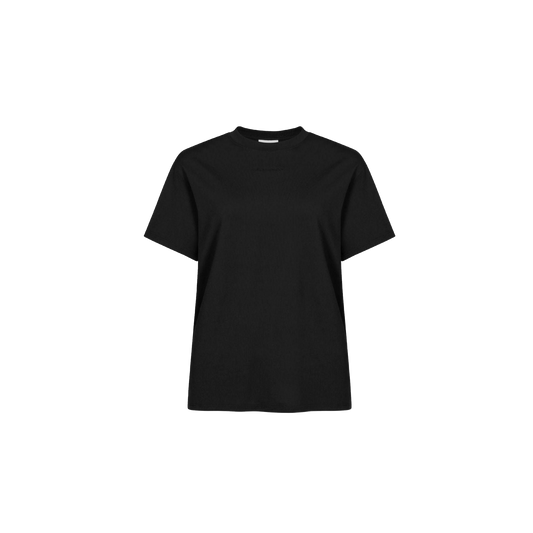 The Clara Base Tee by Rohnisch is a black short-sleeve T-shirt on a white background, featuring a plain design with a round neckline and made from recycled polyester for an eco-friendly touch.