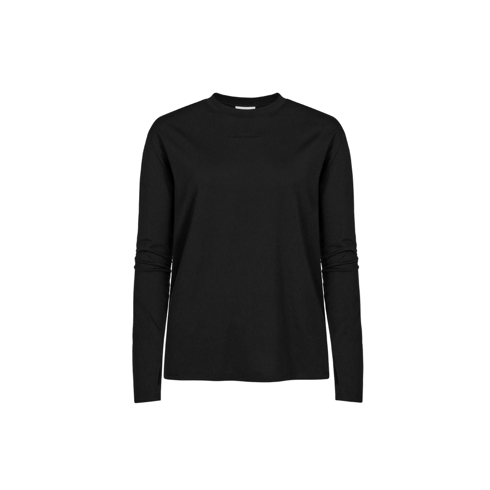 The Clara Base LS by Rohnisch is a plain black long-sleeve shirt made from recycled polyester, showcased against a black background, representing sustainable fashion with its understated elegance.