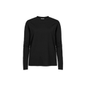 The Clara Base LS by Rohnisch is a plain black long-sleeve shirt made from recycled polyester, showcased against a black background, representing sustainable fashion with its understated elegance.
