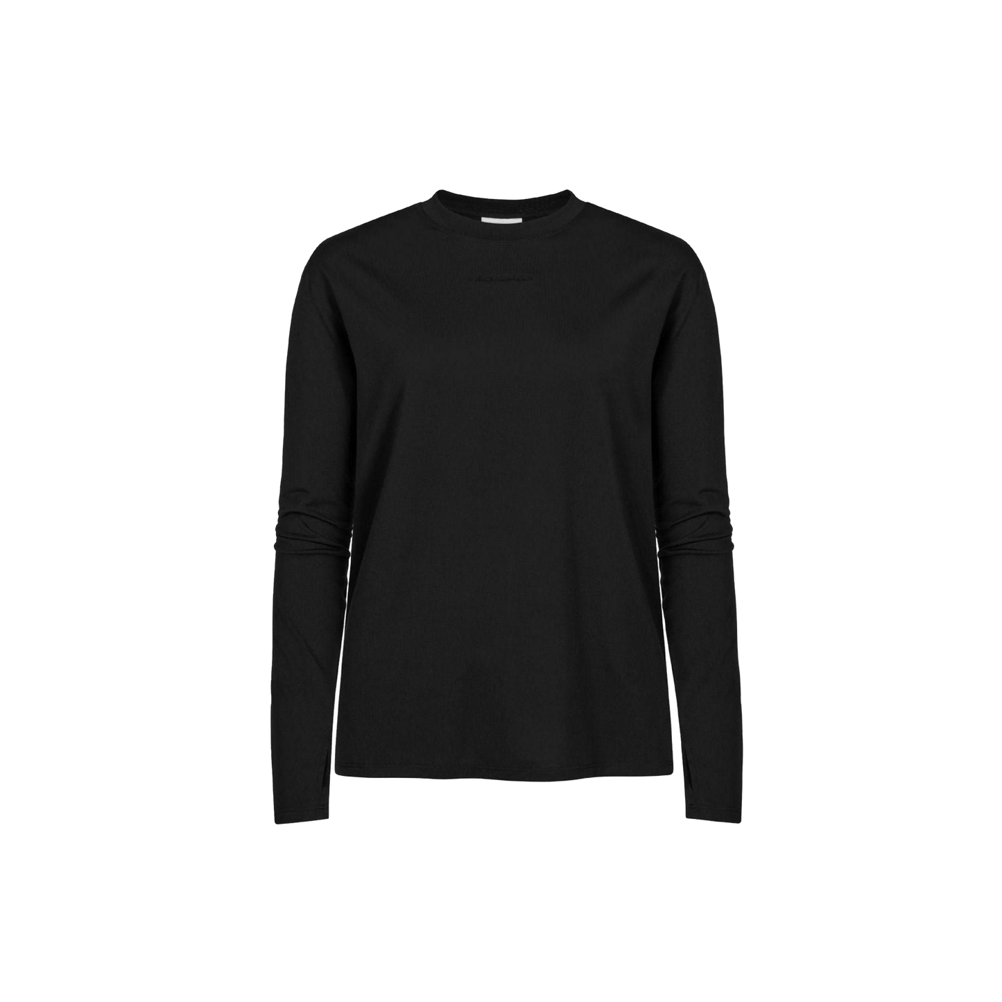 The Clara Base LS by Rohnisch is a plain black long-sleeve shirt made from recycled polyester, showcased against a black background, representing sustainable fashion with its understated elegance.