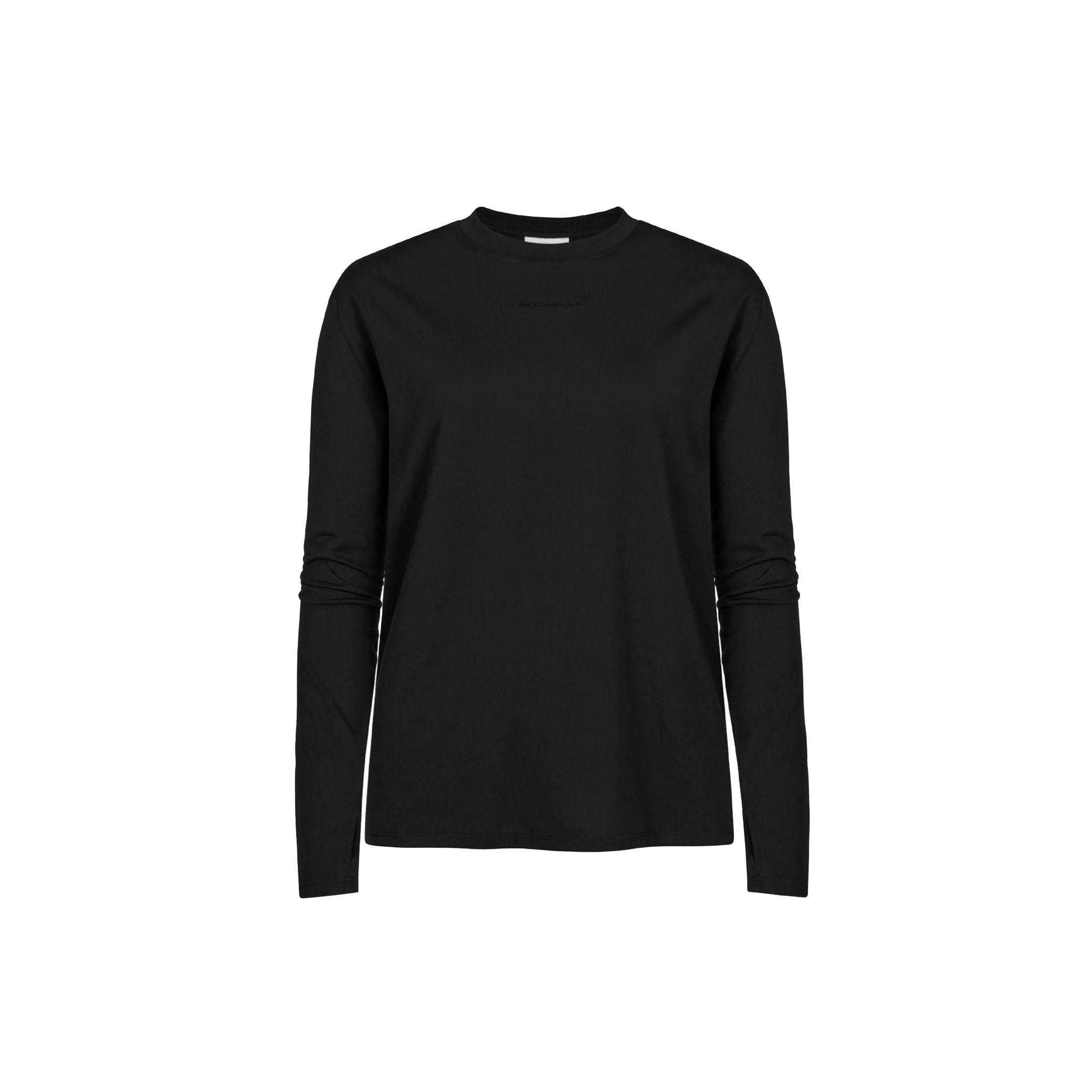 The Clara Base LS by Rohnisch is a plain black long-sleeve shirt made from recycled polyester, showcased against a black background, representing sustainable fashion with its understated elegance.