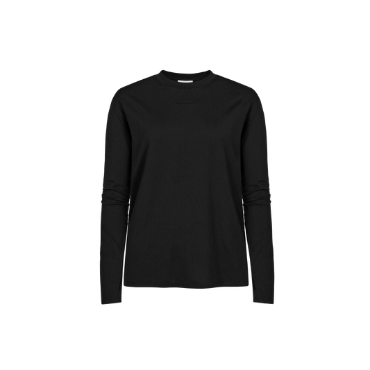 The Clara Base LS by Rohnisch is a plain black long-sleeve shirt made from recycled polyester, showcased against a black background, representing sustainable fashion with its understated elegance.