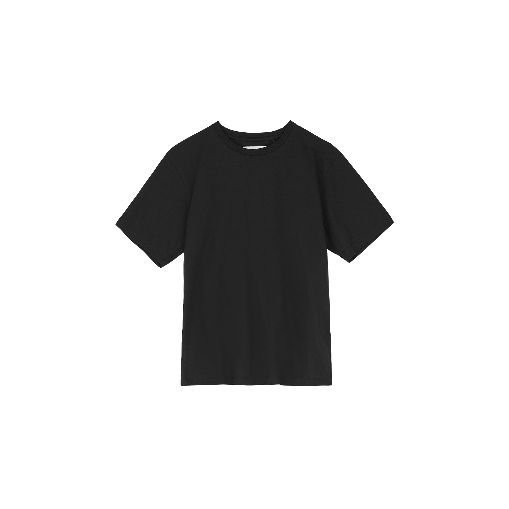 The Classic Circular Tee by Aiayu, a plain black short-sleeve T-shirt made from recycled organic cotton, blends effortlessly into any sustainable wardrobe. With its unisex design and eco-friendly materials, it’s ideal for the fashion-conscious, displayed against a white background.