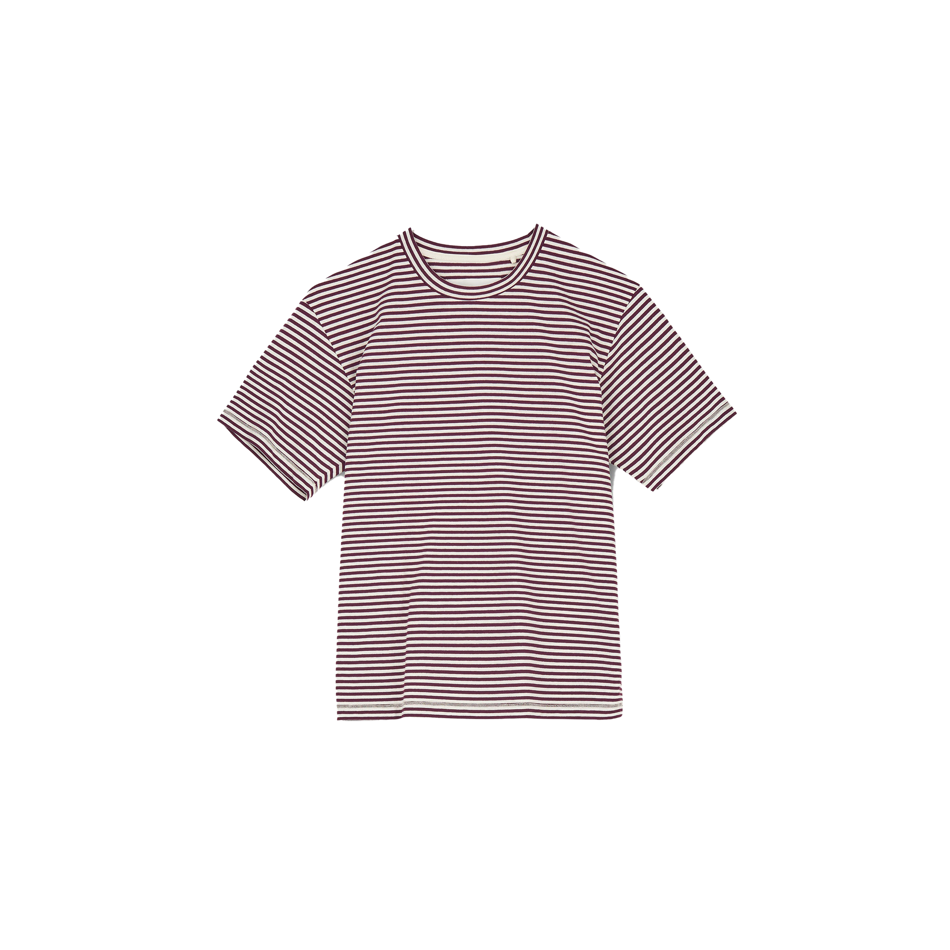 The Classic Circular Tee by Aiayu is a short-sleeved, unisex shirt in white and black stripes, made from recycled organic cotton for a sustainable wardrobe.