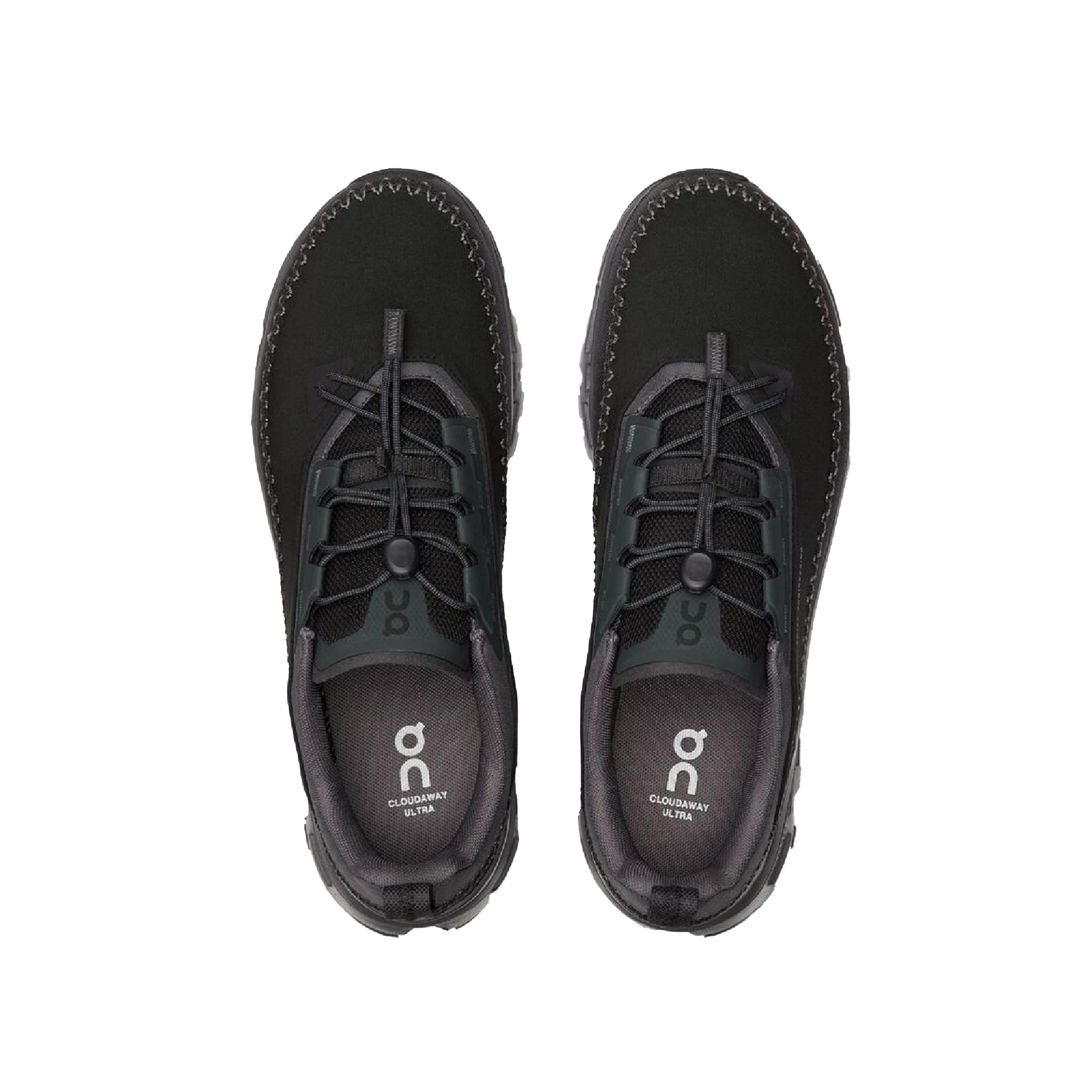 The Women's Cloudaway 2 by On Running is a pair of black adventure shoes with laces, boasting a water-repellent design and an ultra-sticky Missiongrip™ outsole, shown from above on a plain background.