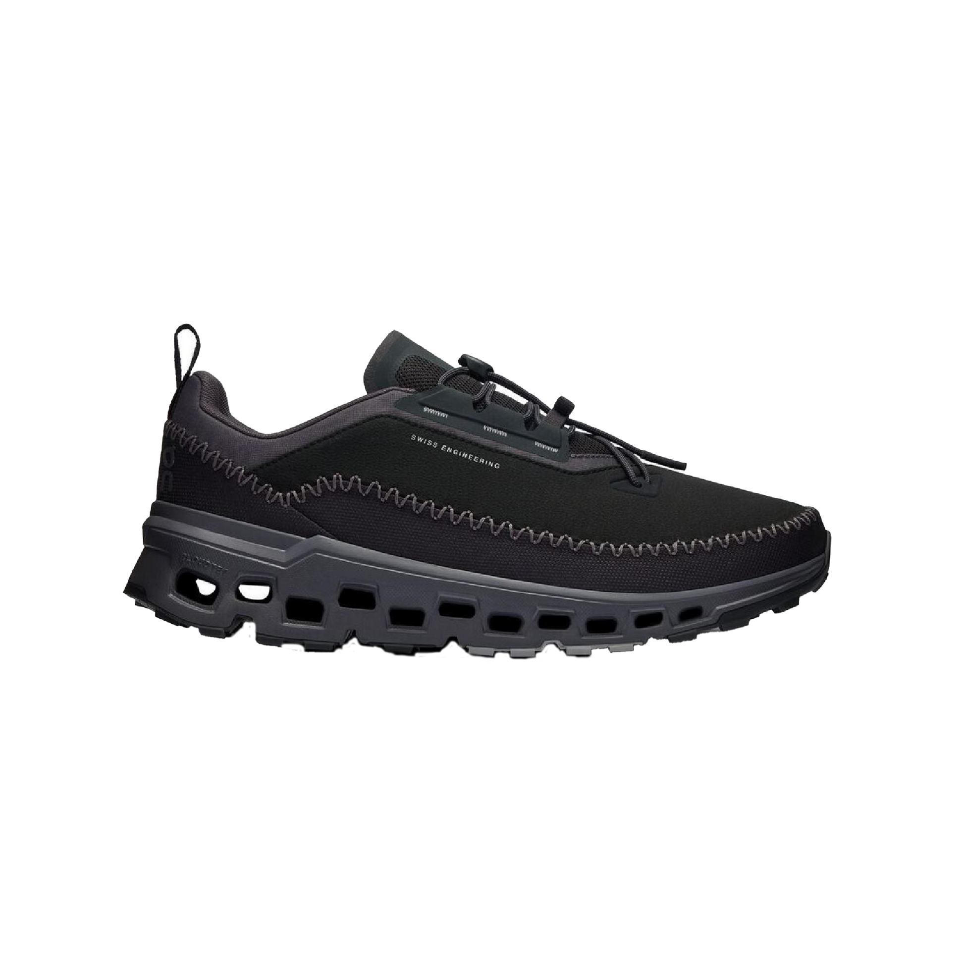 Introducing the Women's Cloudaway 2 by On Running: a black adventure shoe boasting a low-top design with a textured sole and zigzag stitch details on the upper. Its ultra-sticky Missiongrip™ outsole guarantees excellent traction, while the water-repellent finish ensures preparedness for any journey.