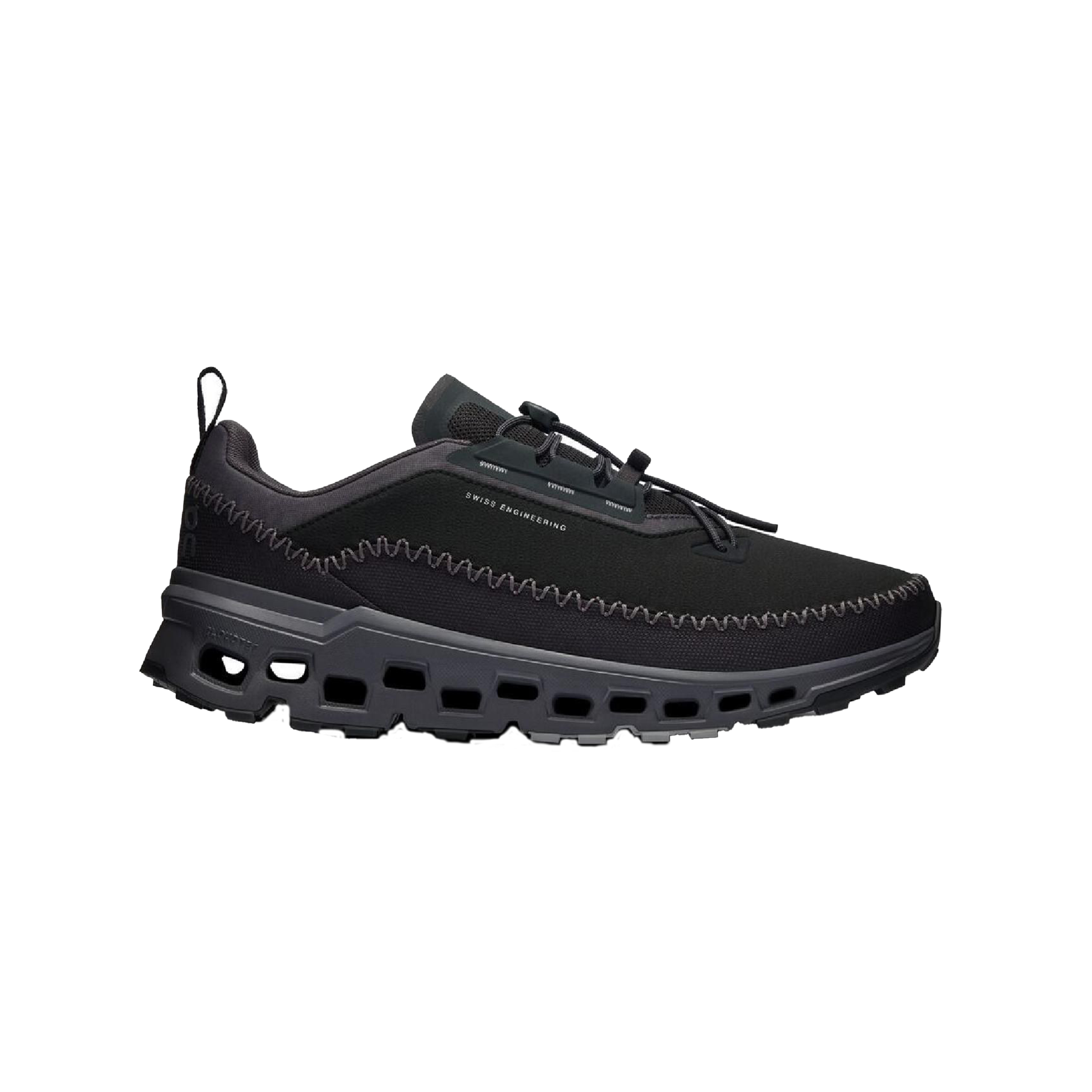 Introducing the Women's Cloudaway 2 by On Running: a black adventure shoe boasting a low-top design with a textured sole and zigzag stitch details on the upper. Its ultra-sticky Missiongrip™ outsole guarantees excellent traction, while the water-repellent finish ensures preparedness for any journey.