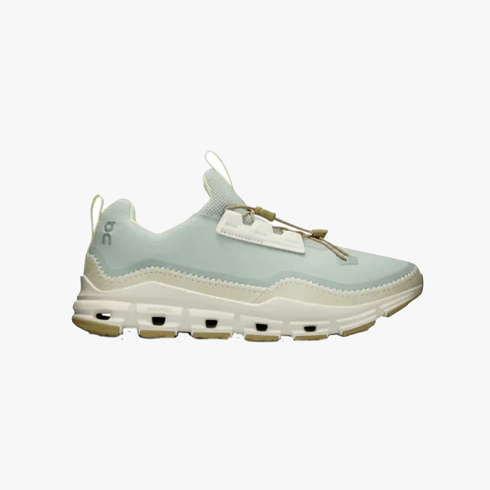 The Women's Cloudaway by On Running is an ultra-lightweight sneaker featuring a light blue and beige mesh upper, thick CloudTec sole for comfort, segmented design, and heel pull tab—ideal for everyday travel.