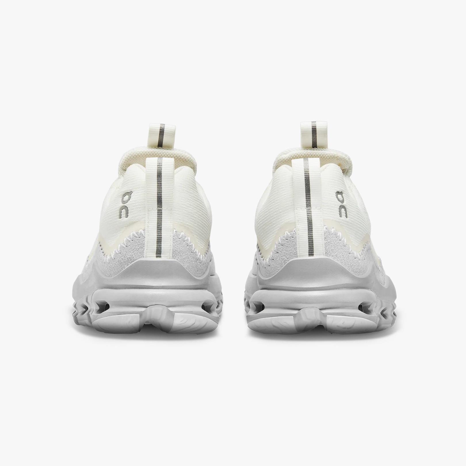 Rear view of the Women's Cloudaway by On Running in white and light gray, featuring heel pull tabs, "ON" branding, and a signature CloudTec sole—perfect comfort for all-day wear and ideal as an everyday travel shoe.