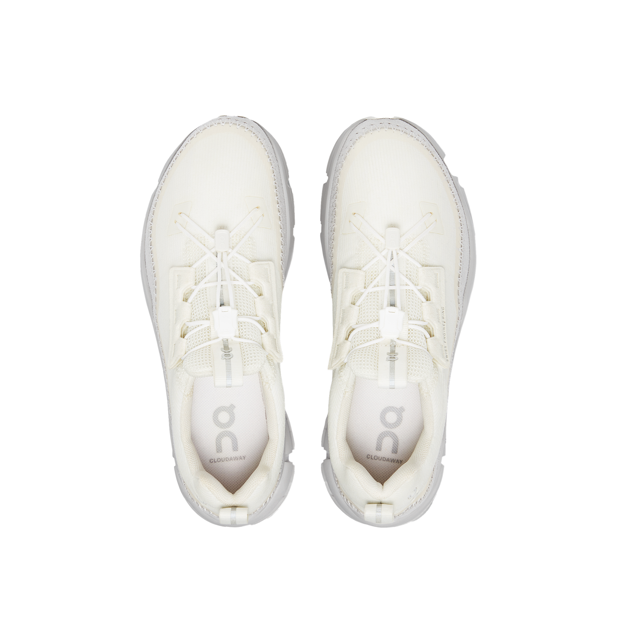 Top view of the On Running Women's Cloudaway sneakers in white, featuring lace loops and a logo on the insole, along with vegan suede mudguards for enhanced durability. These travel essentials from On Running ensure comfort for any adventure.