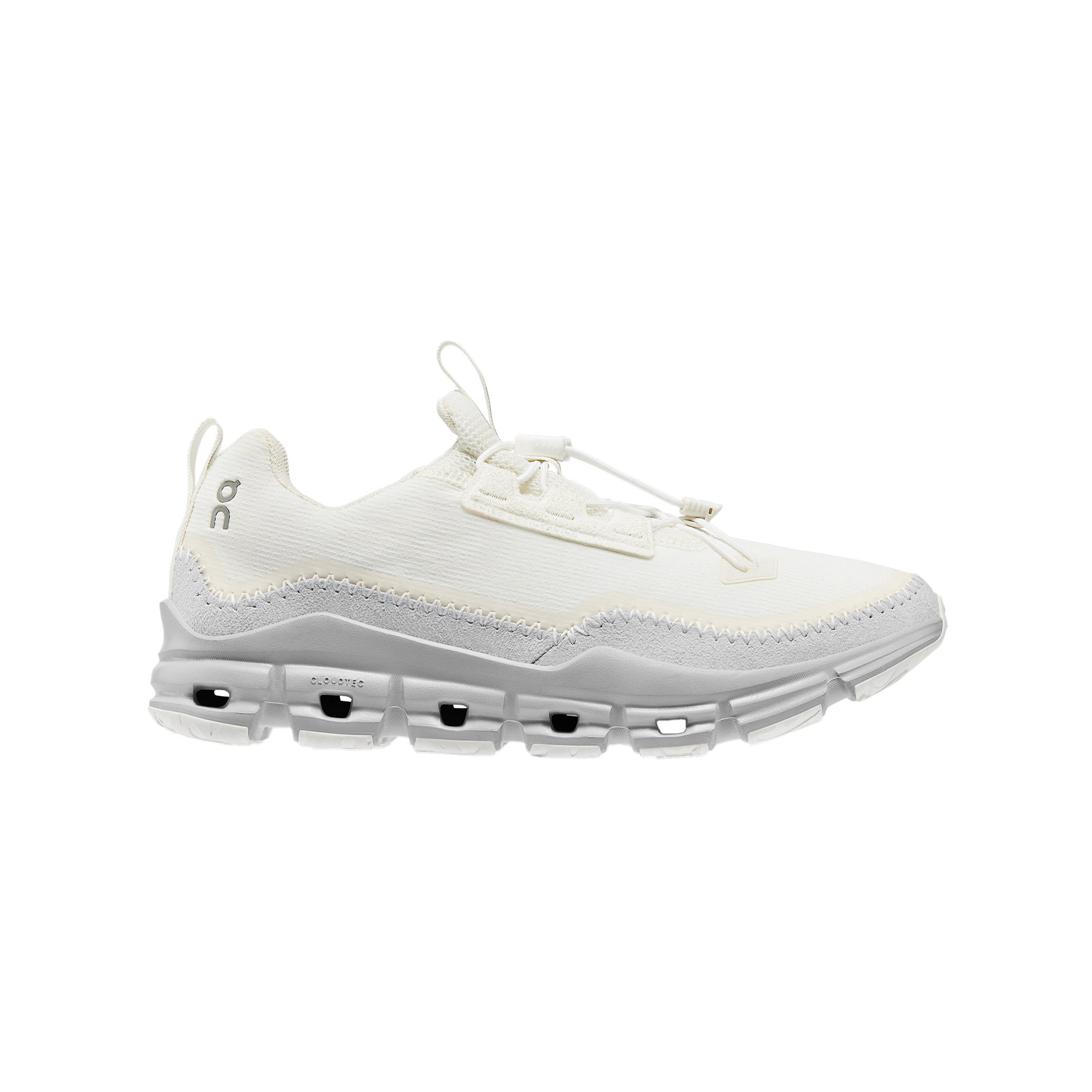 The Women's Cloudaway by On Running is an ultra-lightweight mesh athletic shoe, featuring a vegan suede mudguard, lace loops, and a cushioned sole, all set against a black background.
