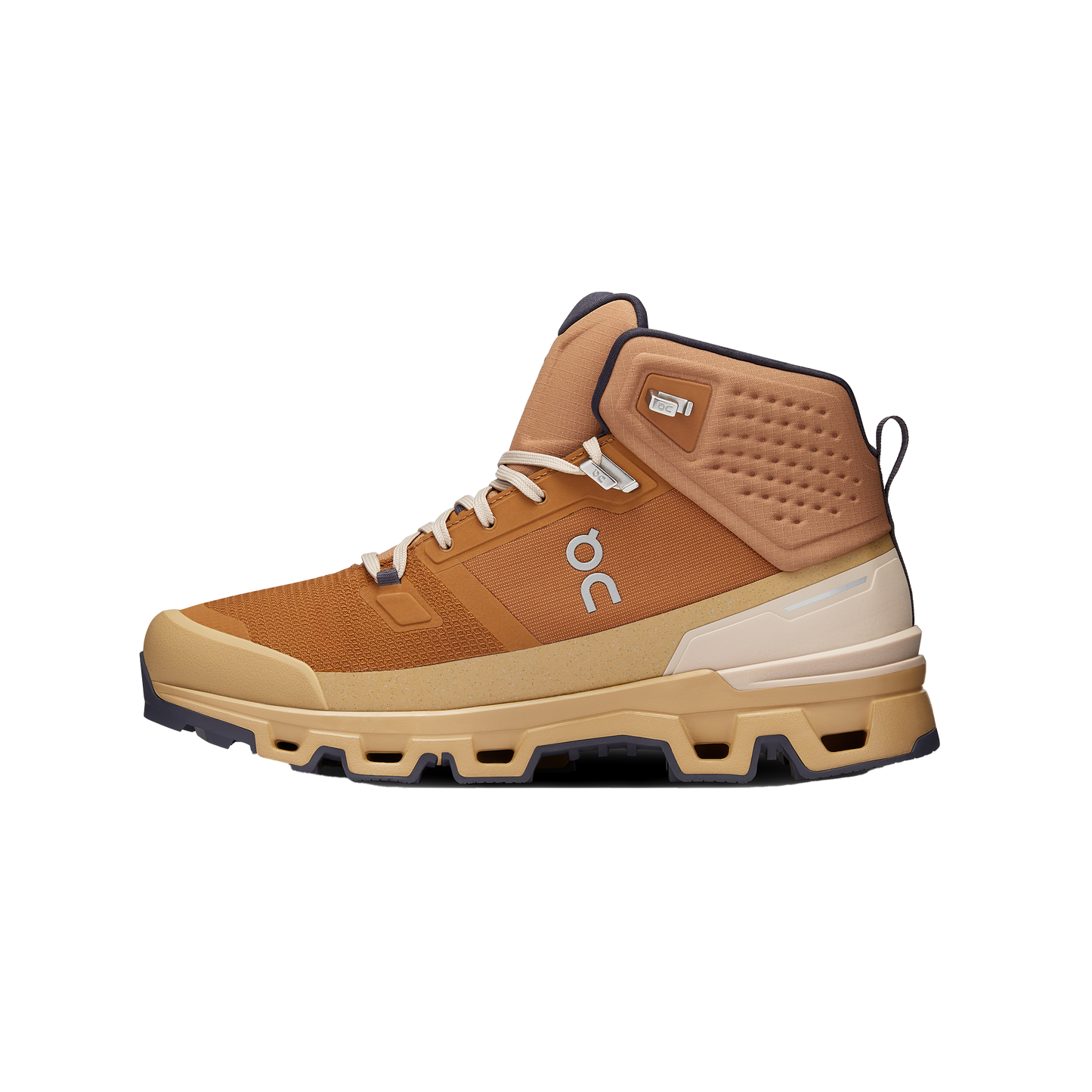 Introducing the Men's Cloudrock 2 Waterproof by On Running: a high-top athletic shoe in brown and tan featuring Cloud elements for enhanced comfort, white laces, a textured Missiongrip rubber sole, and a logo on the side.
