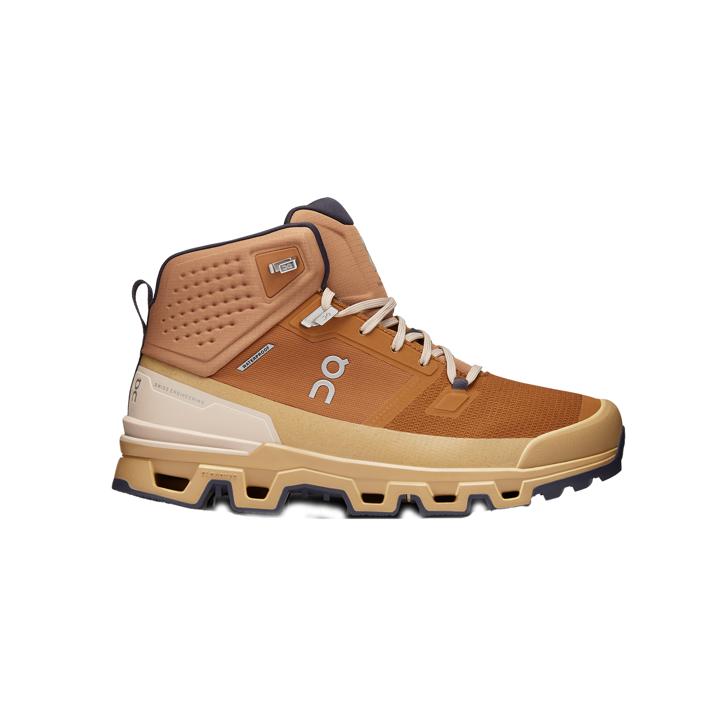 Introducing the Men's Cloudrock 2 Waterproof by On Running: a tan and brown high-top hiking shoe featuring a textured sole, lace-up front, and signature branded logo on the side. Equipped with a waterproof membrane and Missiongrip™ rubber, these shoes provide superior traction for tackling challenging trails. Ideal for stylishly conquering any adventure.