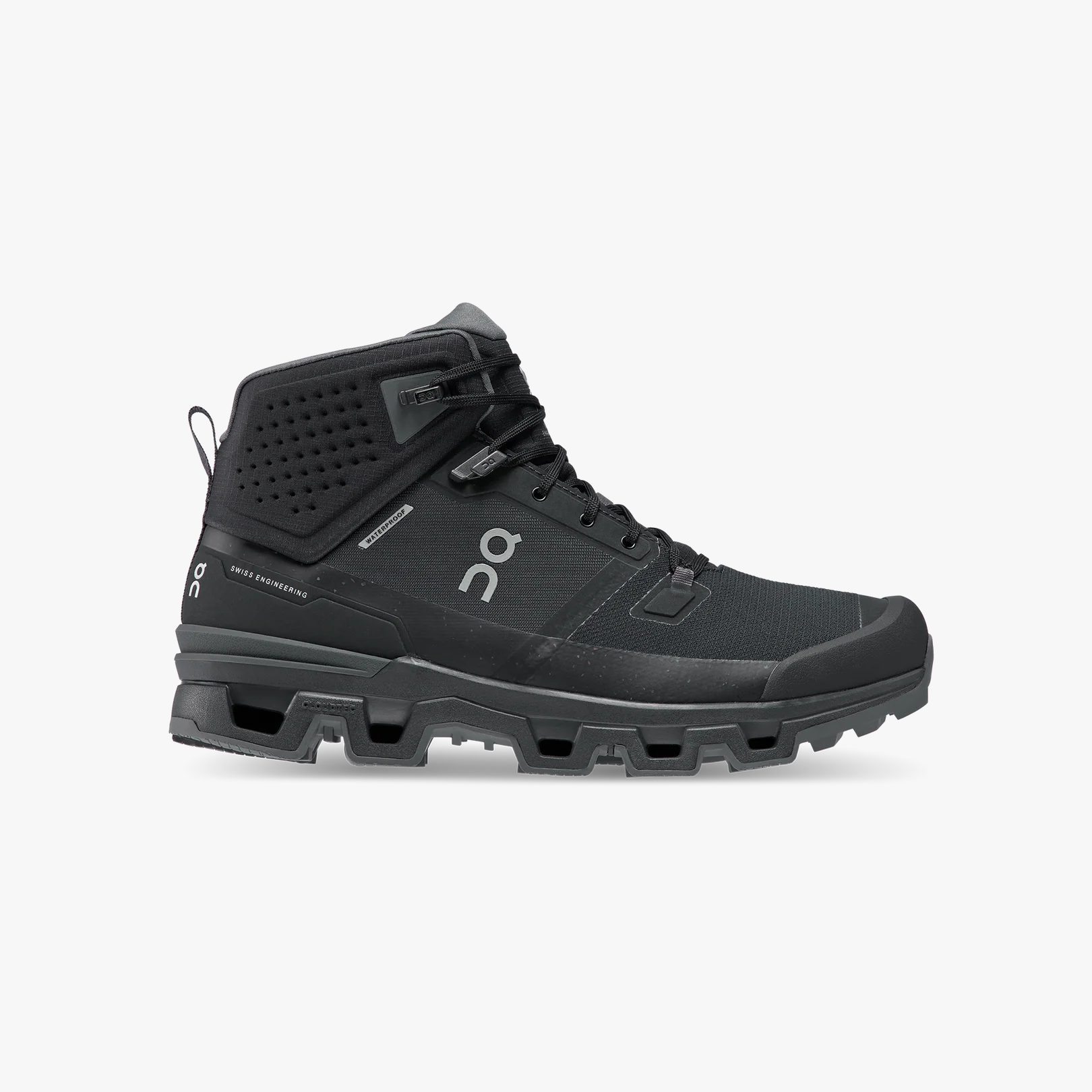 The On Running Men's Cloudrock 2 Waterproof is a black mid-top hiking shoe with a textured grip sole, mesh and synthetic upper, lace-up front, and features the On Running logo on the side.