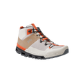 The Men's Cloudtrax by On Running is a high-top off-road sneaker with light beige, orange, and black accents. It features a rugged sole and lace-up design crafted from recycled polyester.
