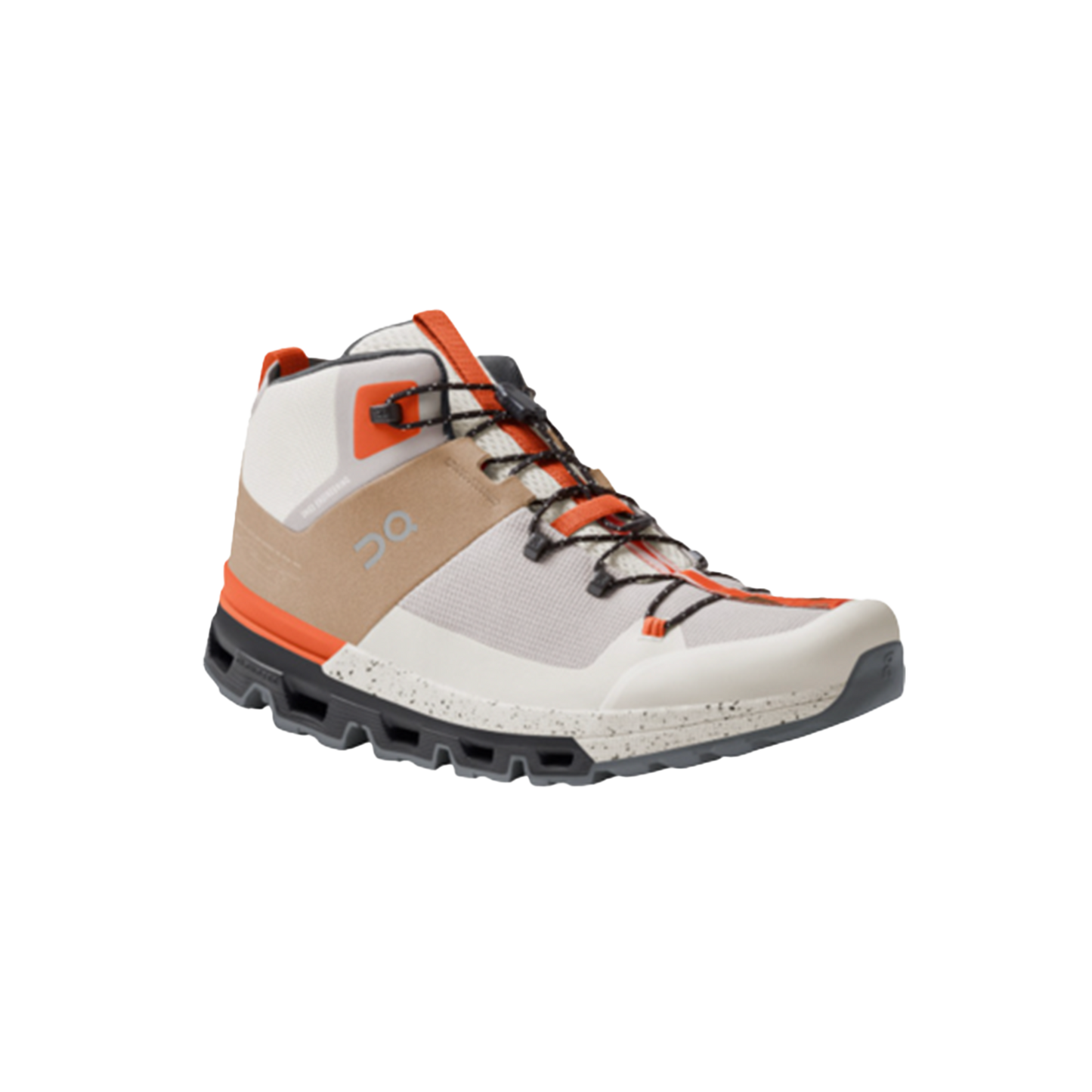 The Men's Cloudtrax by On Running is a high-top off-road sneaker with light beige, orange, and black accents. It features a rugged sole and lace-up design crafted from recycled polyester.