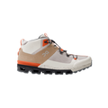 The Men's Cloudtrax by On Running is a high-top athletic shoe featuring gray, white, orange, and brown panels with a robust sole and mesh design, perfect for off-road adventures.
