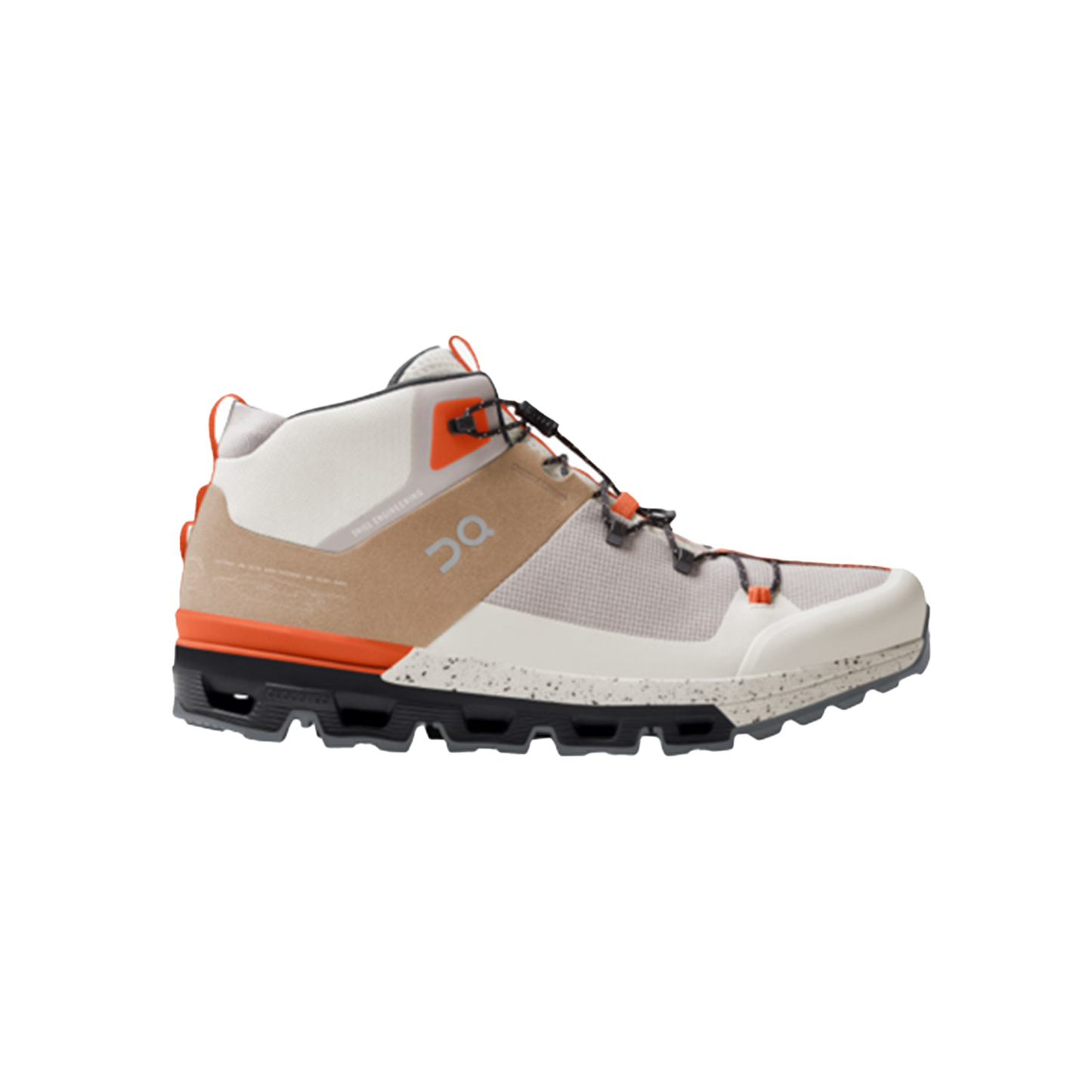 The Men's Cloudtrax by On Running is a high-top athletic shoe featuring gray, white, orange, and brown panels with a robust sole and mesh design, perfect for off-road adventures.