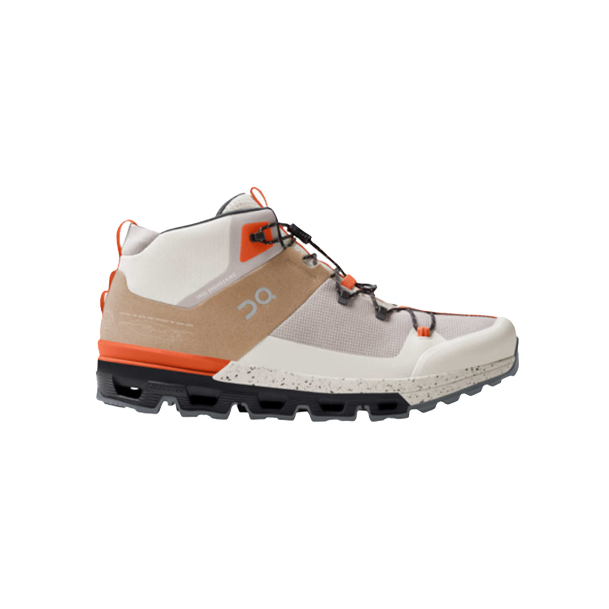 The Men's Cloudtrax by On Running is a high-top athletic shoe featuring gray, white, orange, and brown panels with a robust sole and mesh design, perfect for off-road adventures.