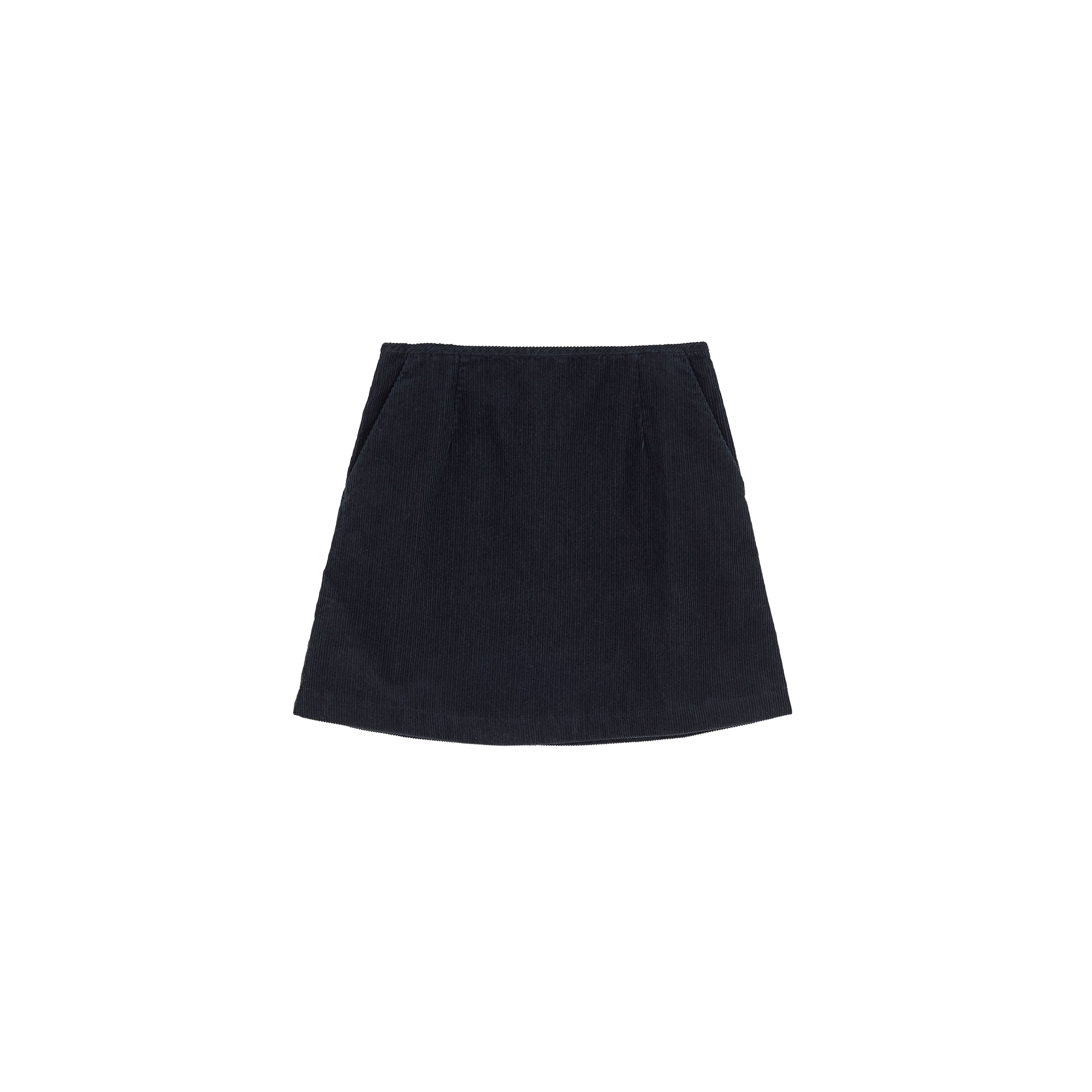 The Aiayu Corduroy Mini Skirt in black organic cotton is elegantly displayed against a plain white background.