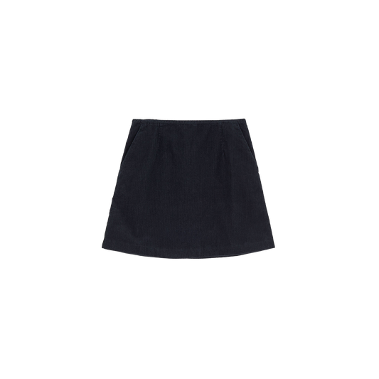 The Aiayu Corduroy Mini Skirt in black organic cotton is elegantly displayed against a plain white background.