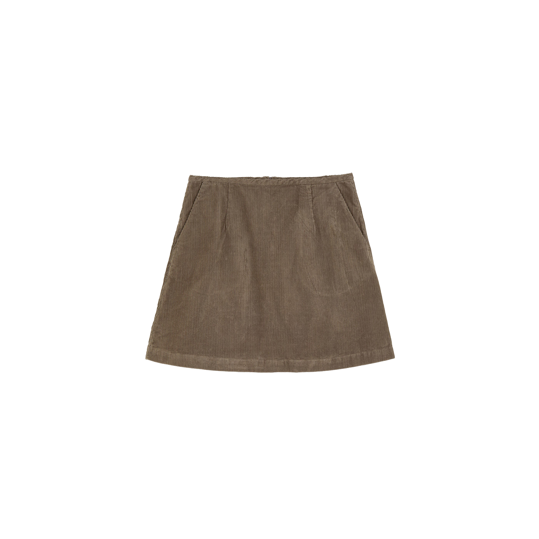 The Aiayu Corduroy Mini Skirt features a 70s-inspired A-line design in brown with front pockets, shown on a plain background.