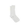 A pair of Aiayu Cotton Rib Socks, plain white and made from organic cotton, features the word "crew" near the toes against a black background.