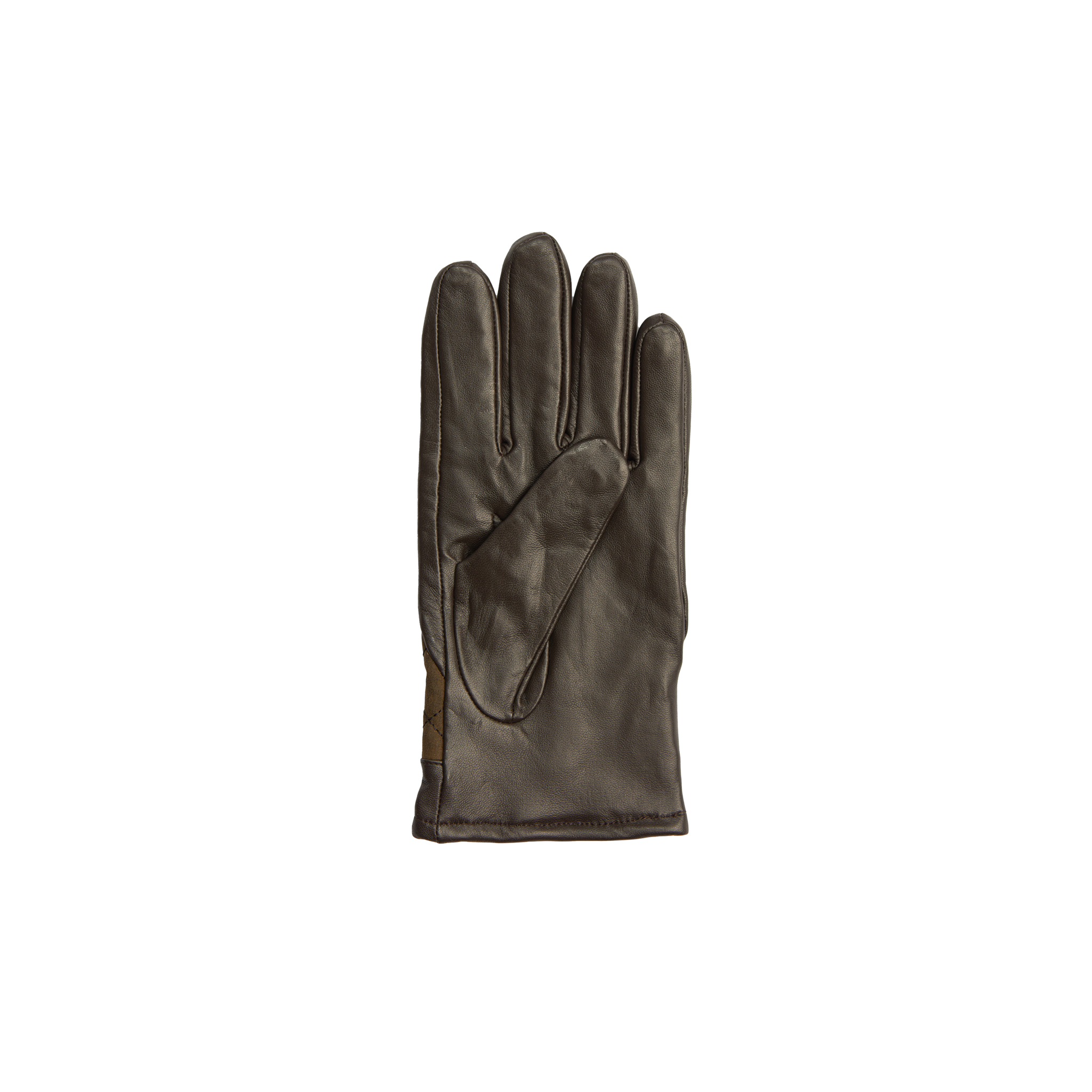 A single M Dalegarth Glove from Barbour in dark brown Nappa leather is displayed with the palm facing up, showcasing its luxurious texture.