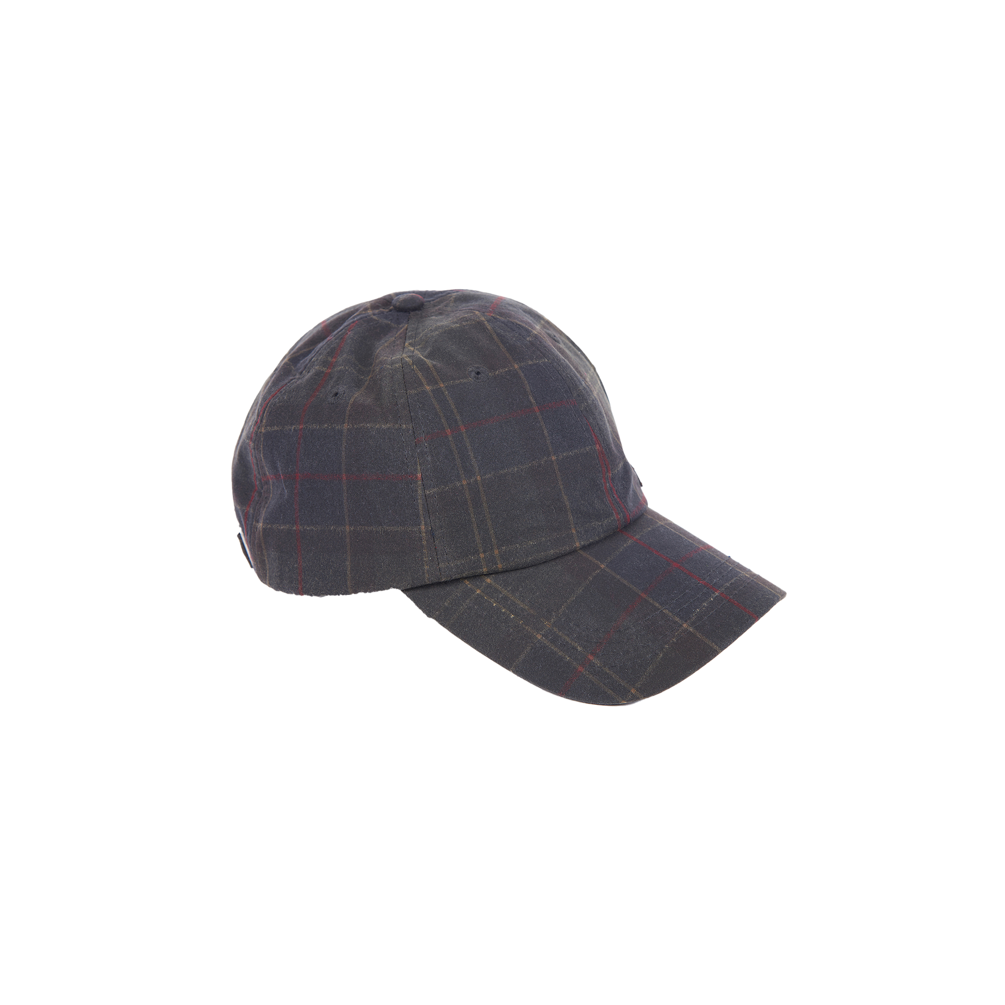 The Darwen Tartan Sports Cap by Barbour is a dark-colored baseball cap featuring the classic Barbour tartan with thin red and white lines, adorned with an embossed leather badge for a touch of sophistication.
