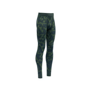 Devold's M Kvitegga Long Johns in Woods feature a green camouflage pattern, elastic waistband, and fitted cuffs, displayed on a white background.